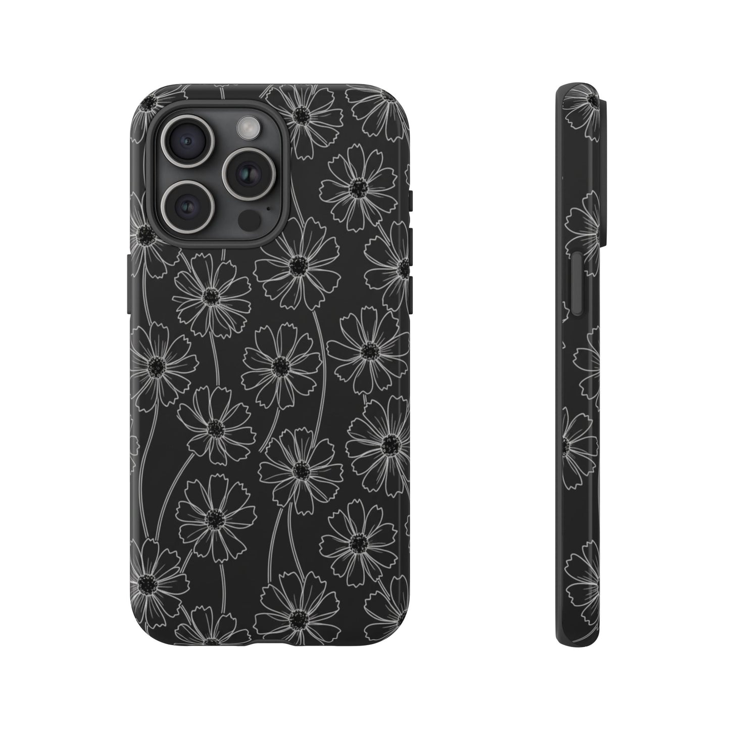 Floral Doodle Tough Phone Case — Black & Gray Daisy Pattern