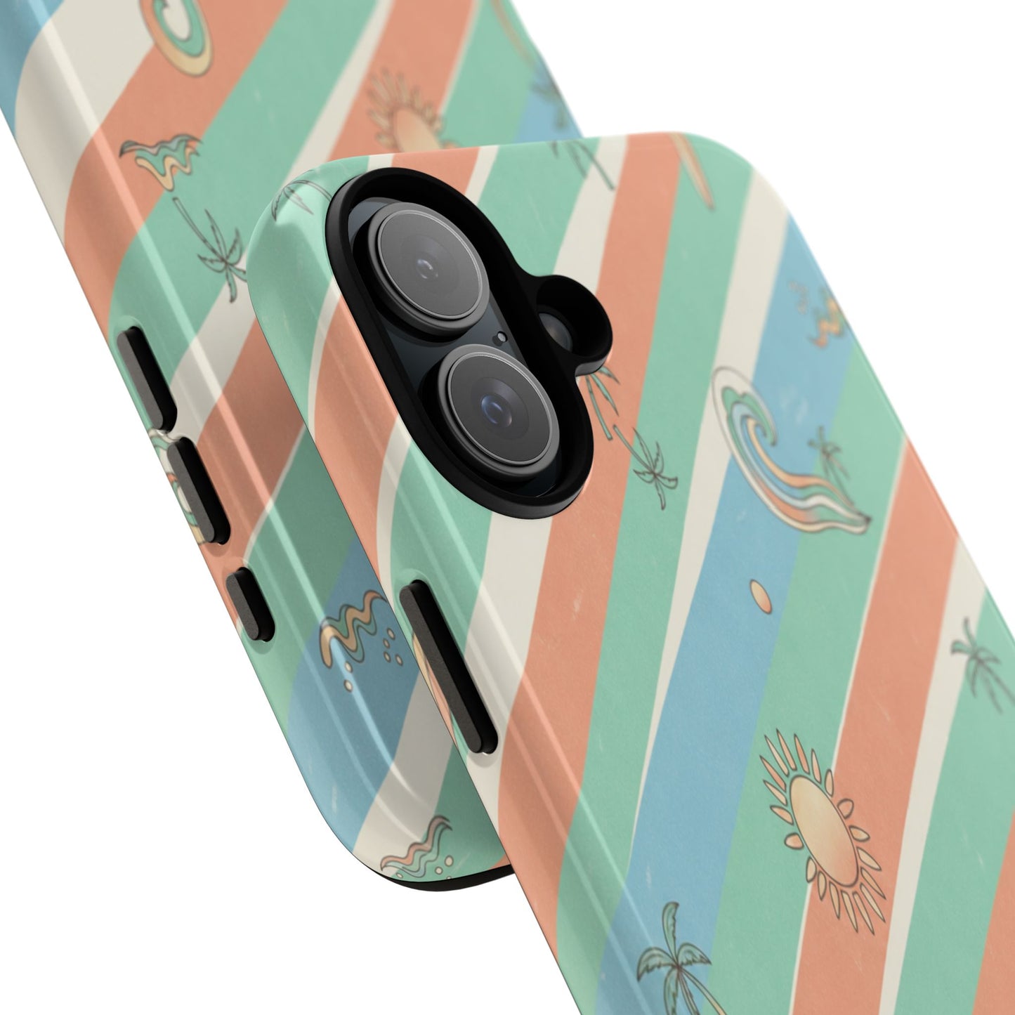 Retro Beach Stripes Phone Case — Sun, Waves & Palm Pattern Tough Case