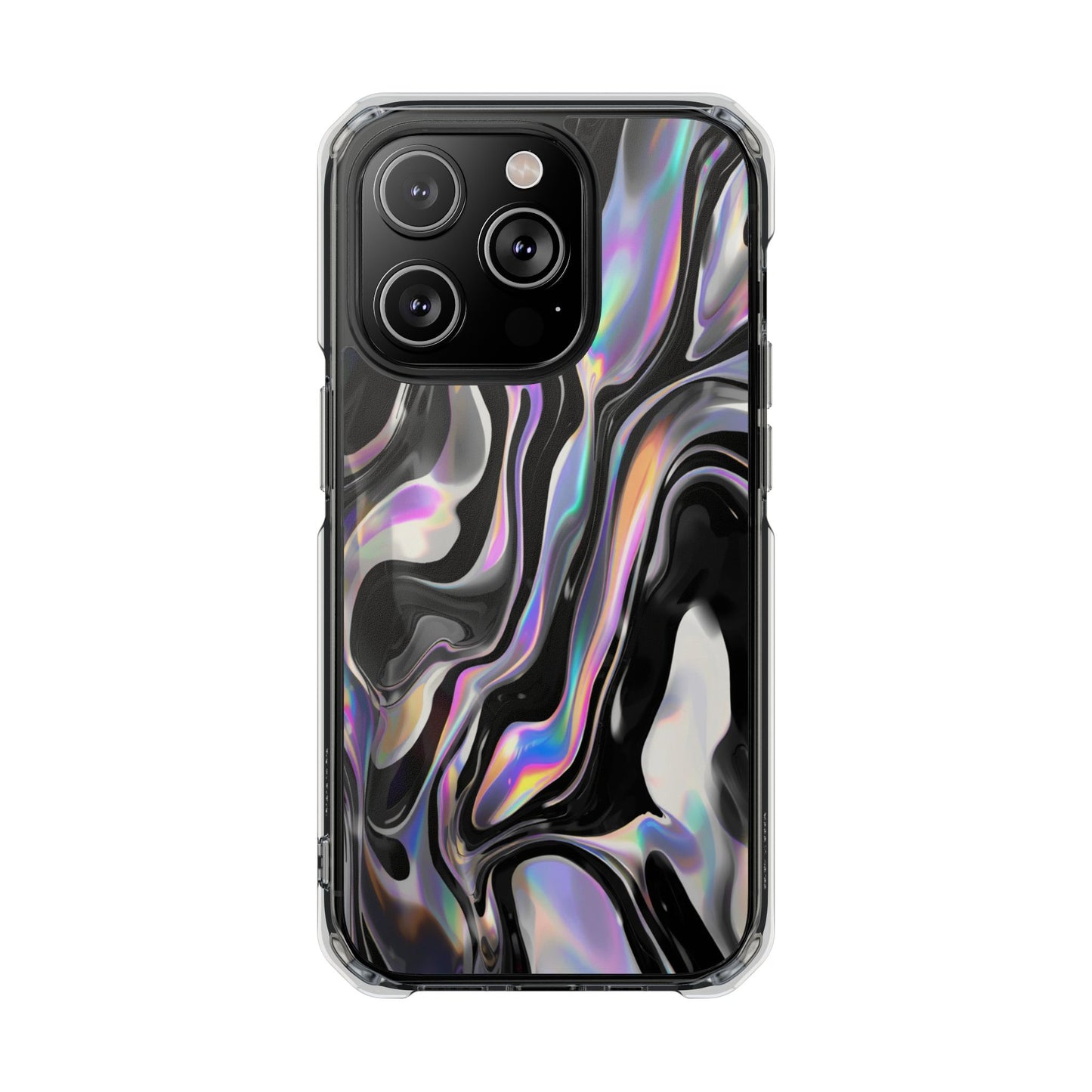 Magnetic Clear Impact Phone Case — Iridescent Black Marble Design