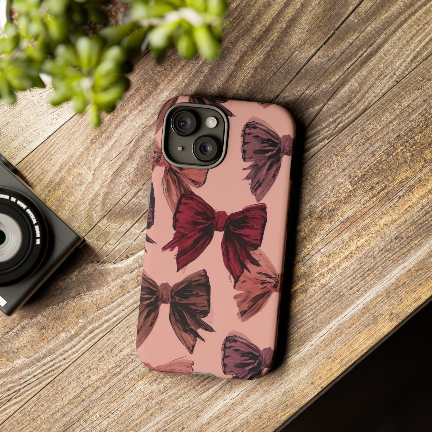 Bow Pattern Tough Phone Case — Pink Watercolor Bows Protective iPhone Cover