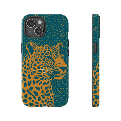 Leopard Print Tough Phone Case — Gold Panther on Teal, Protective iPhone Cover