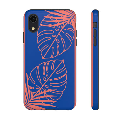 Tropical Monstera Phone Case — Blue & Coral Leaf Protective Cover