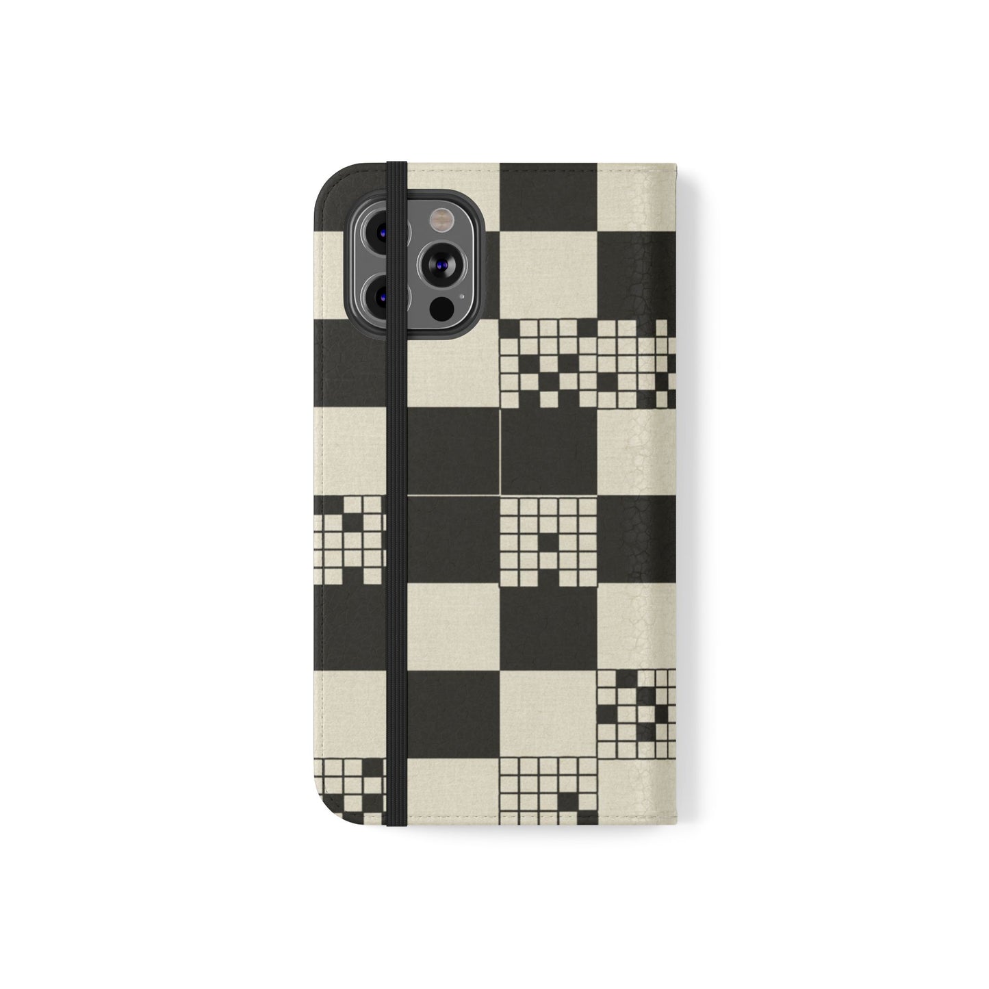Checkerboard Flip Phone Case – Retro Black & Cream Geometric Wallet Case