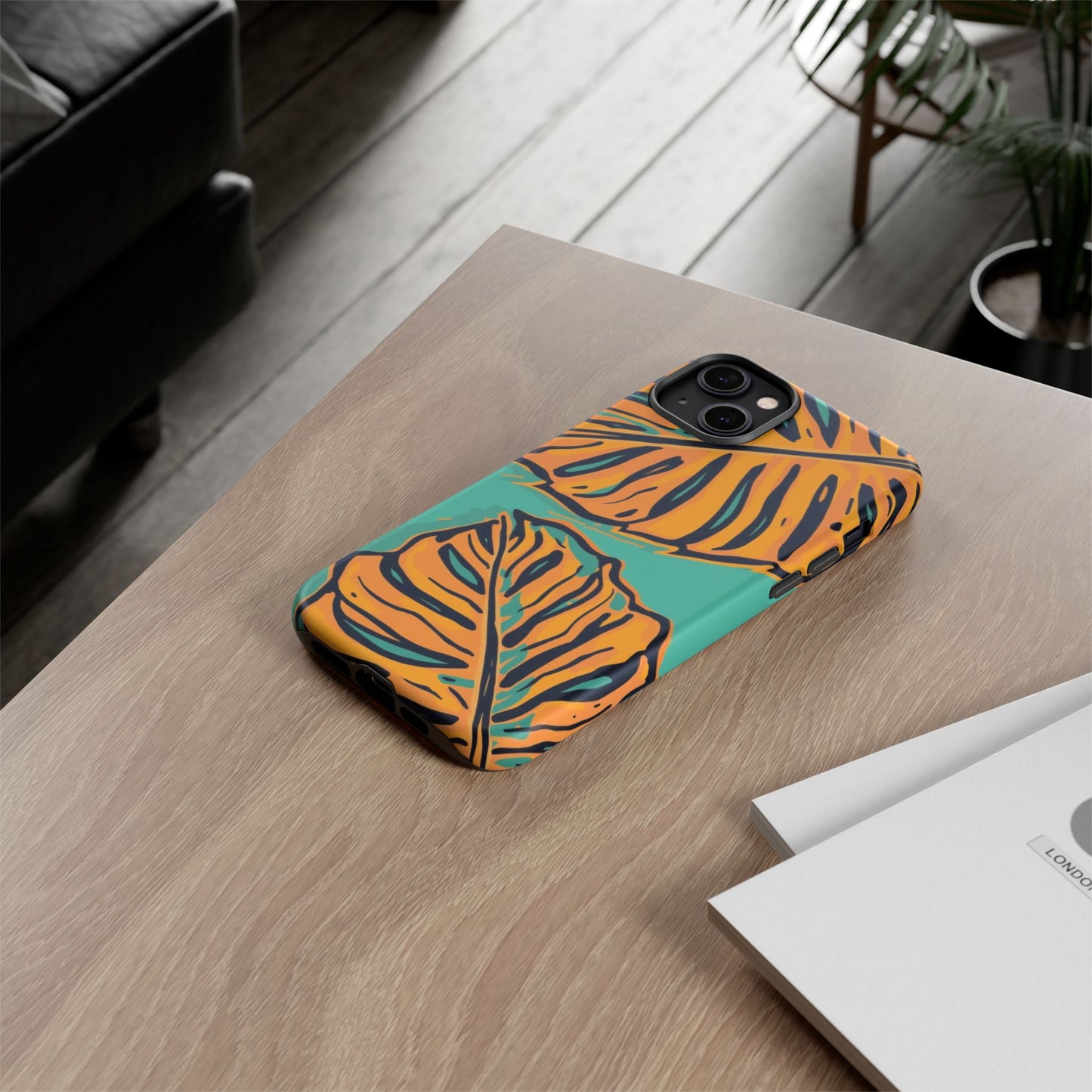 Tropical Leaf Tough Phone Case — Orange Monstera Design on Teal