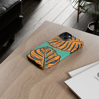 Tropical Leaf Tough Phone Case — Orange Monstera Design on Teal