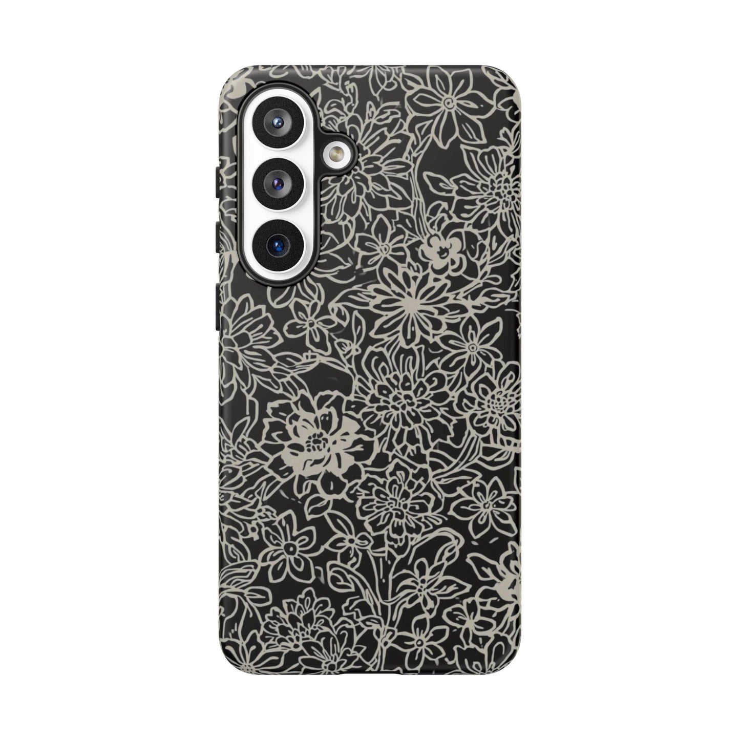 Floral Doodle Tough Phone Case — Black & White Sketch Flower Protective Cover