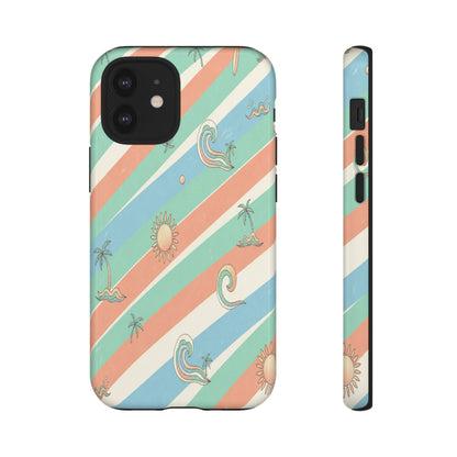 Retro Beach Stripes Phone Case — Sun, Waves & Palm Pattern Tough Case