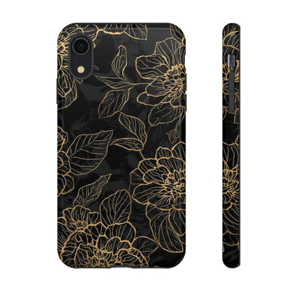 Floral Gold Outline Tough Phone Case – Black Botanical Protective Cover