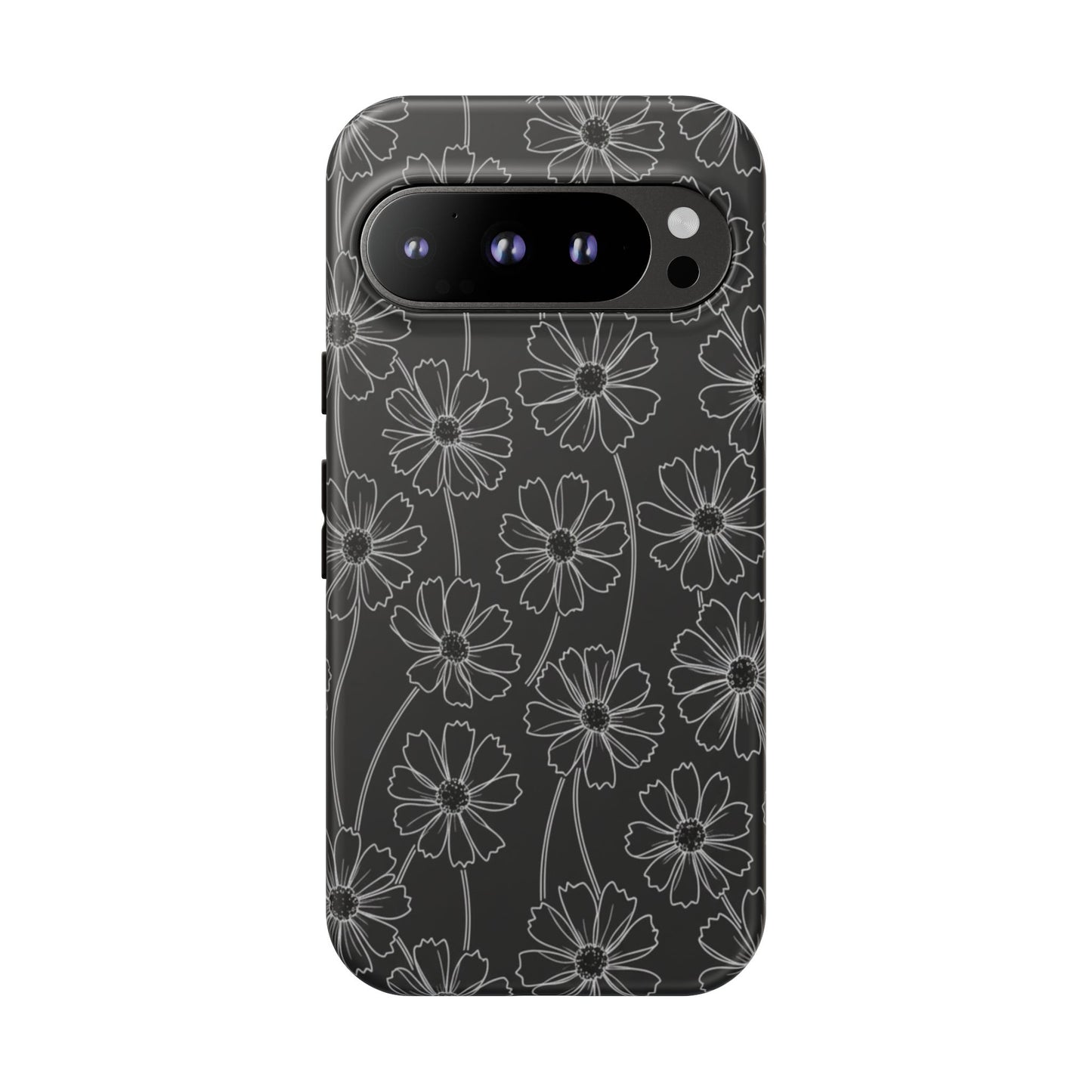 Floral Doodle Tough Phone Case — Black & Gray Daisy Pattern