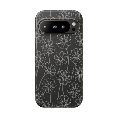 Floral Doodle Tough Phone Case — Black & Gray Daisy Pattern