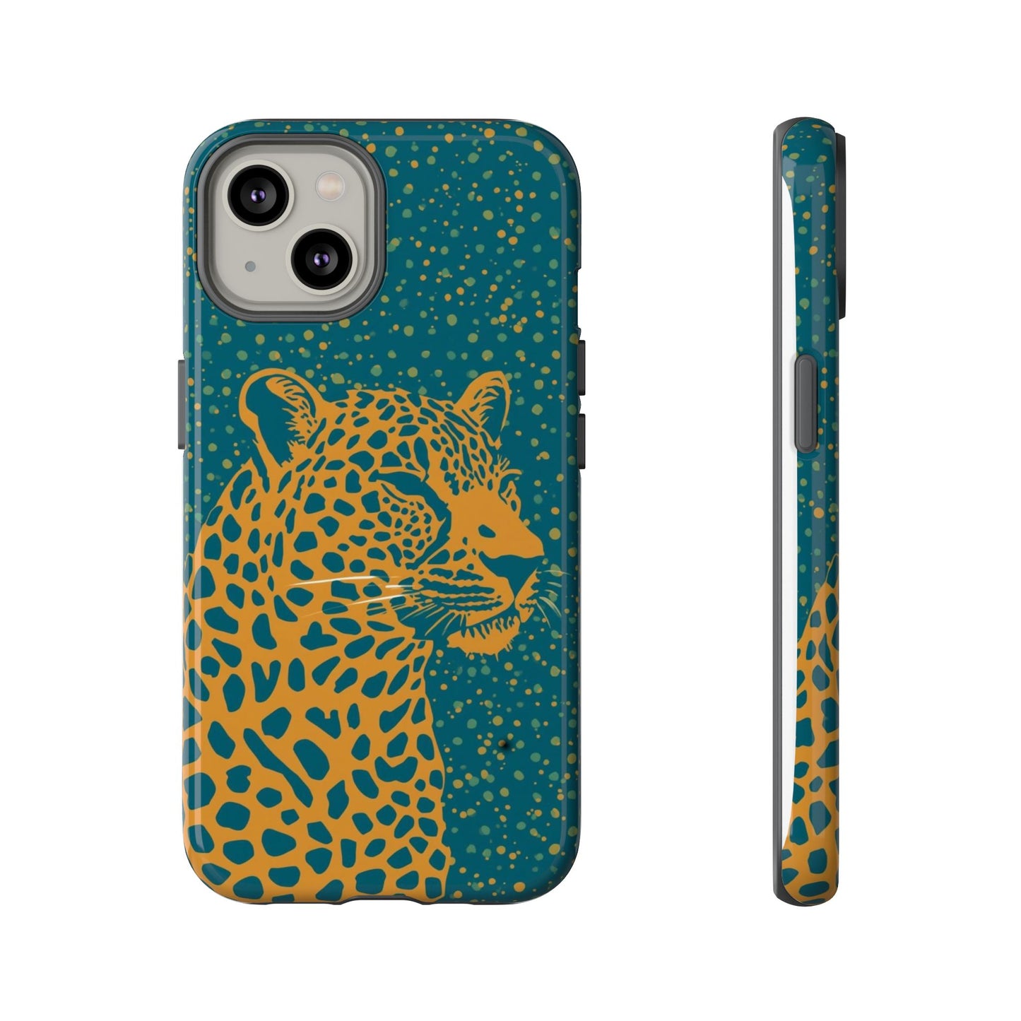 Leopard Spotlight Phone Case — Teal Gold Animal Print Protective Cover