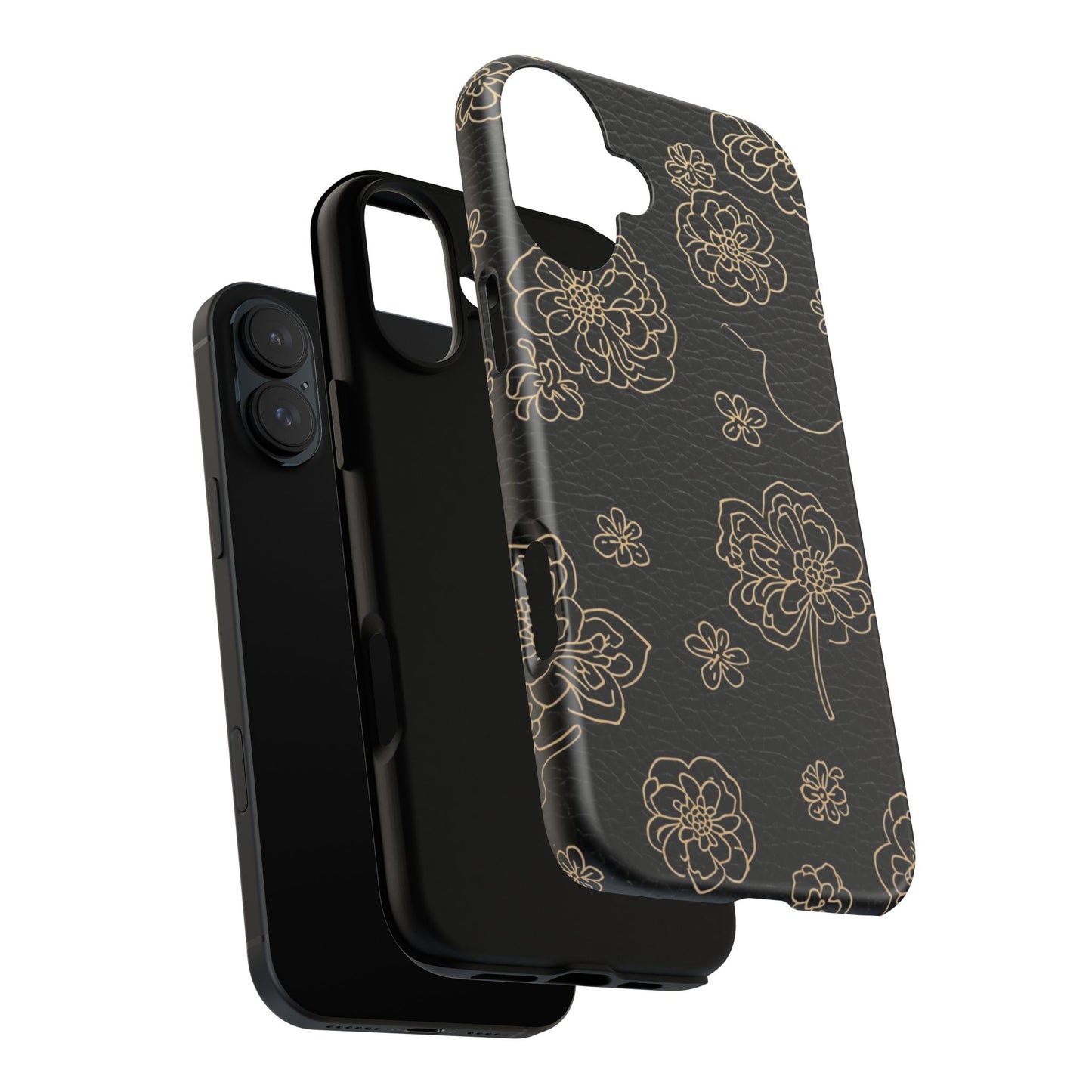 Floral Leather-Texture Tough Case – Black Gold Outline Phone Cover