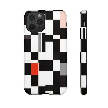 Abstract Geometric Phone Case – Black & White Checker Grid with Red Accent