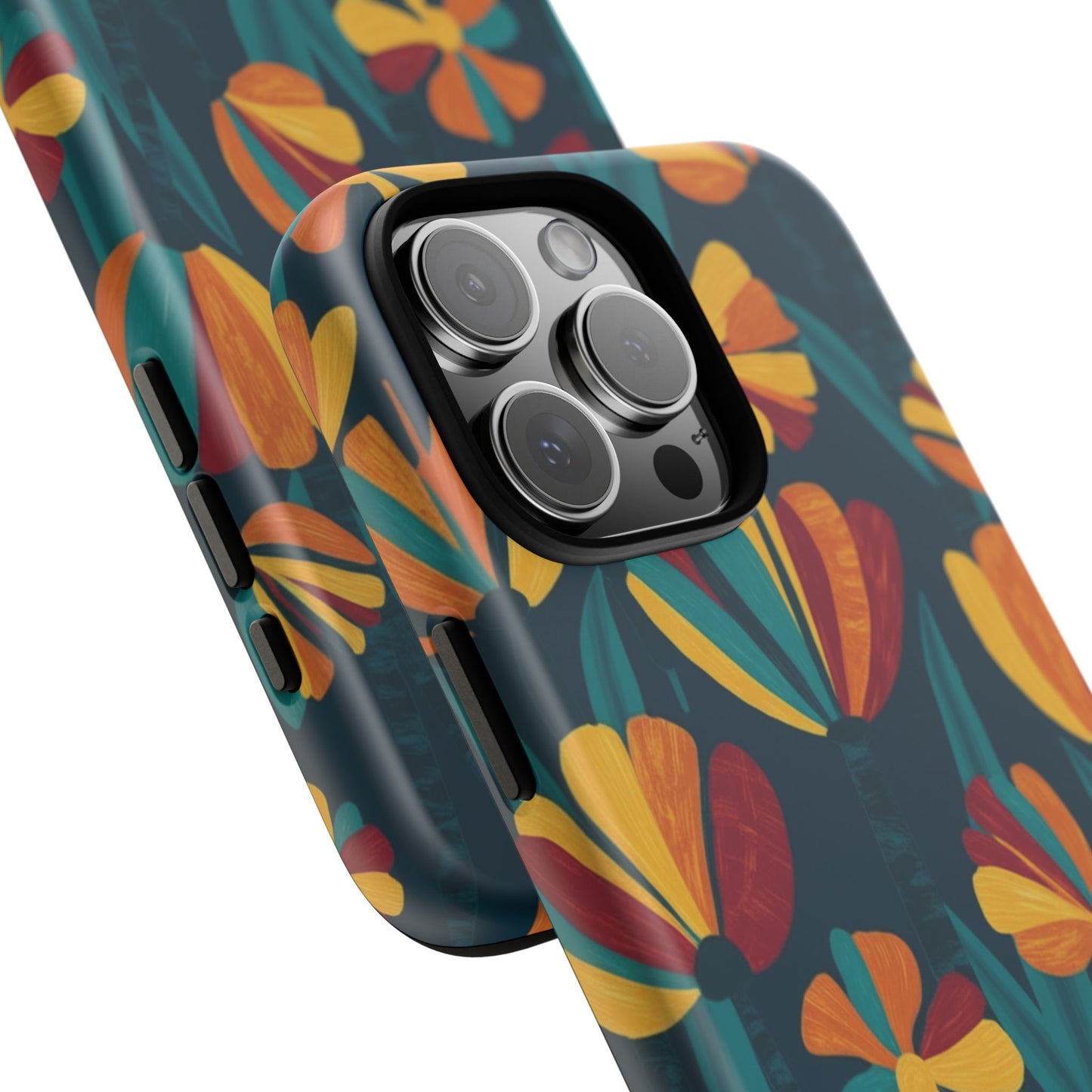 Floral Retro Teal Tough Phone Case — Vibrant Orange & Mustard Blooms