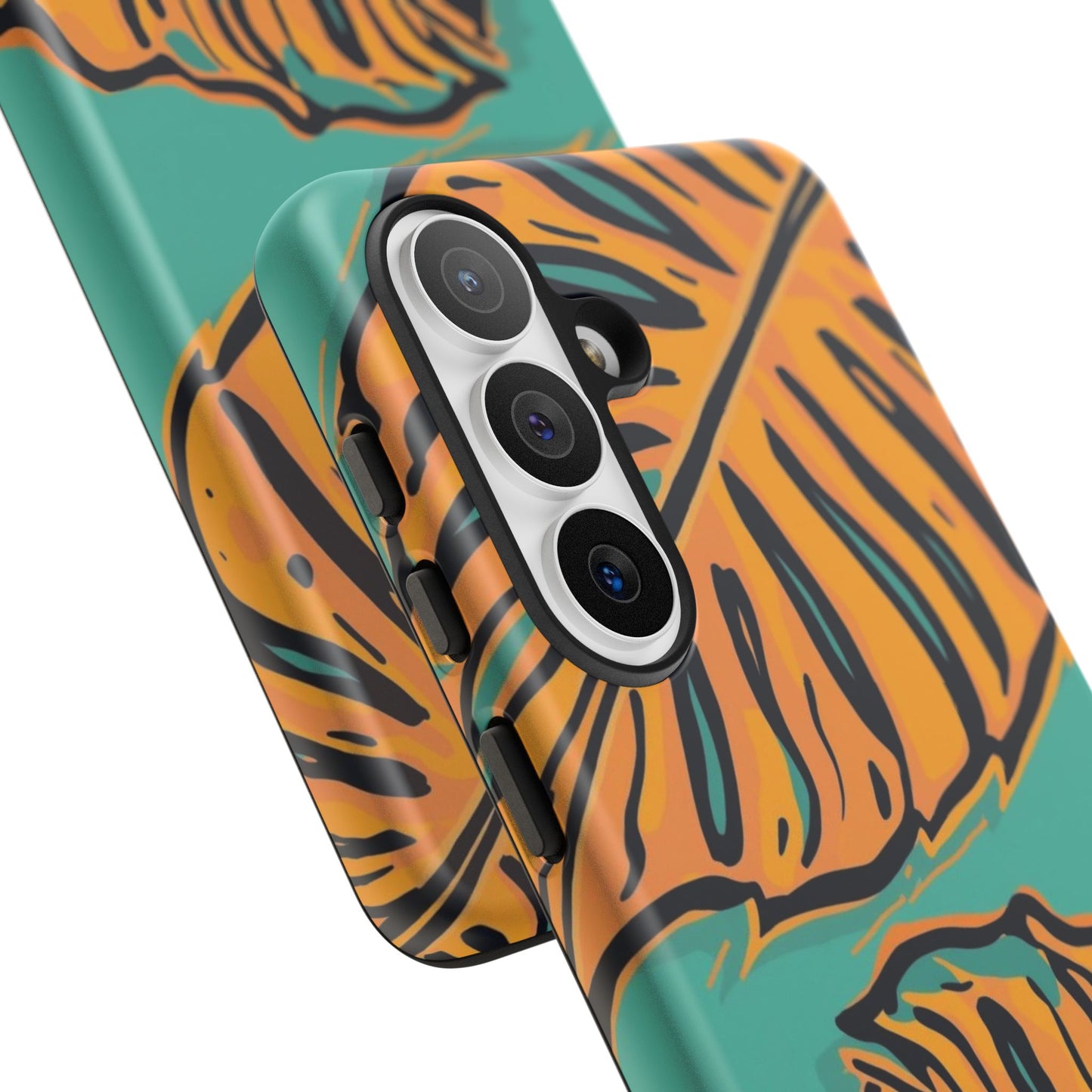 Tropical Leaf Tough Phone Case — Orange Monstera Design on Teal