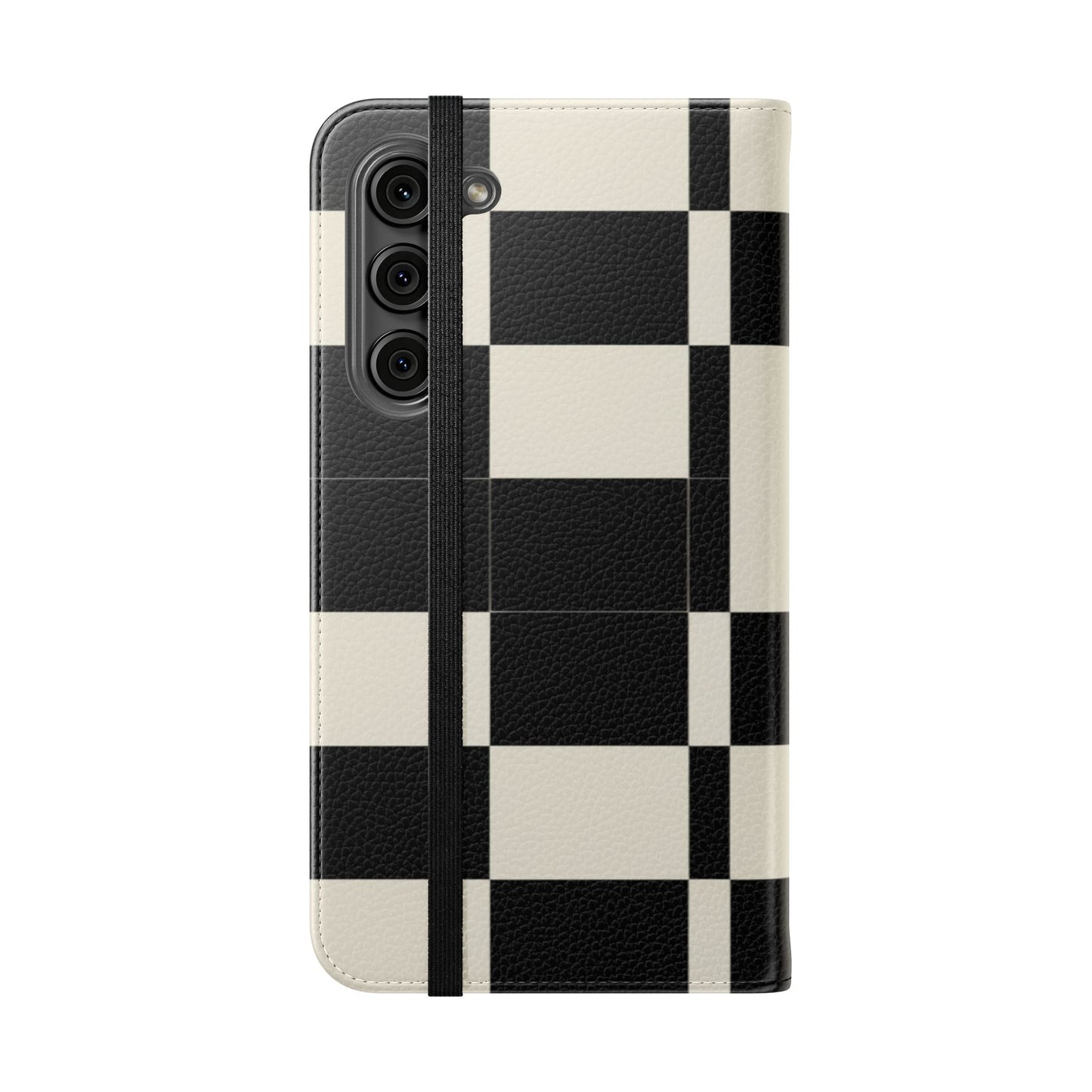 Checkered Flip Phone Case – Black & Cream Retro Grid Wallet Case