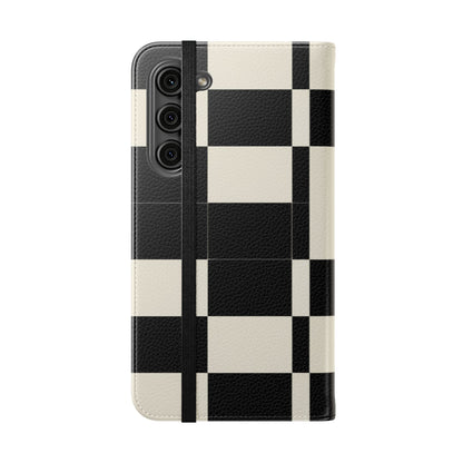 Checkered Flip Phone Case – Black & Cream Retro Grid Wallet Case