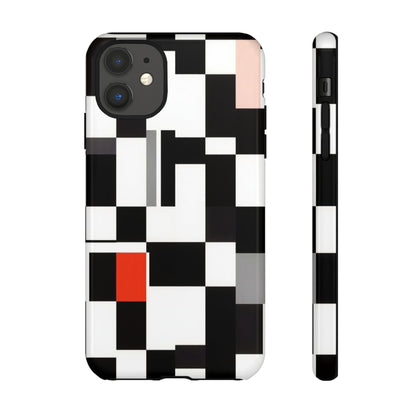 Abstract Geometric Phone Case – Black & White Checker Grid with Red Accent