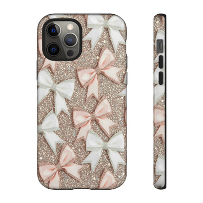 Glitter Bow Tough Phone Case — Pink & White Ribbon Protective Cover