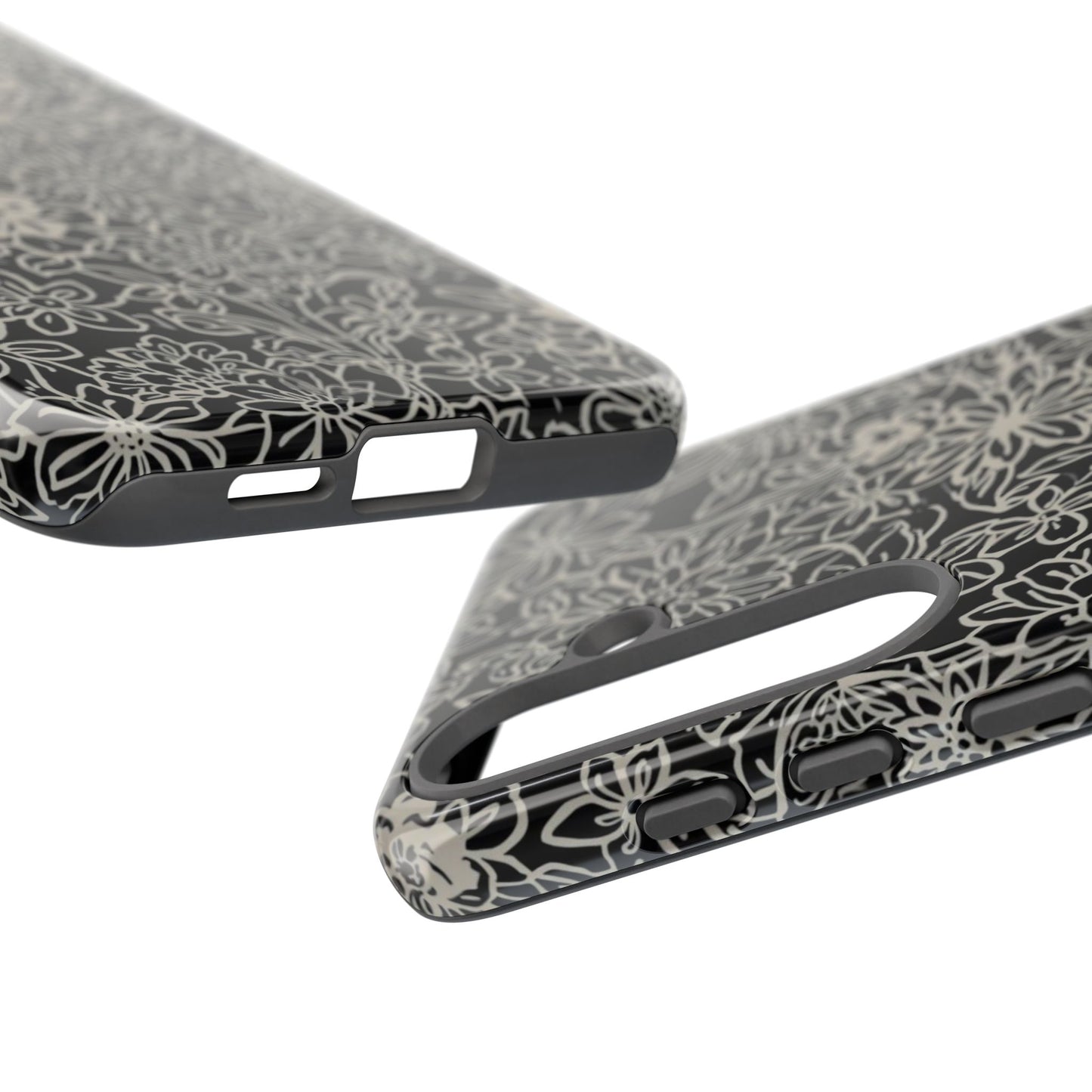 Floral Doodle Tough Phone Case — Black & White Sketch Flower Protective Cover