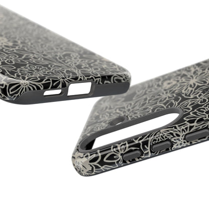 Floral Doodle Tough Phone Case — Black & White Sketch Flower Protective Cover