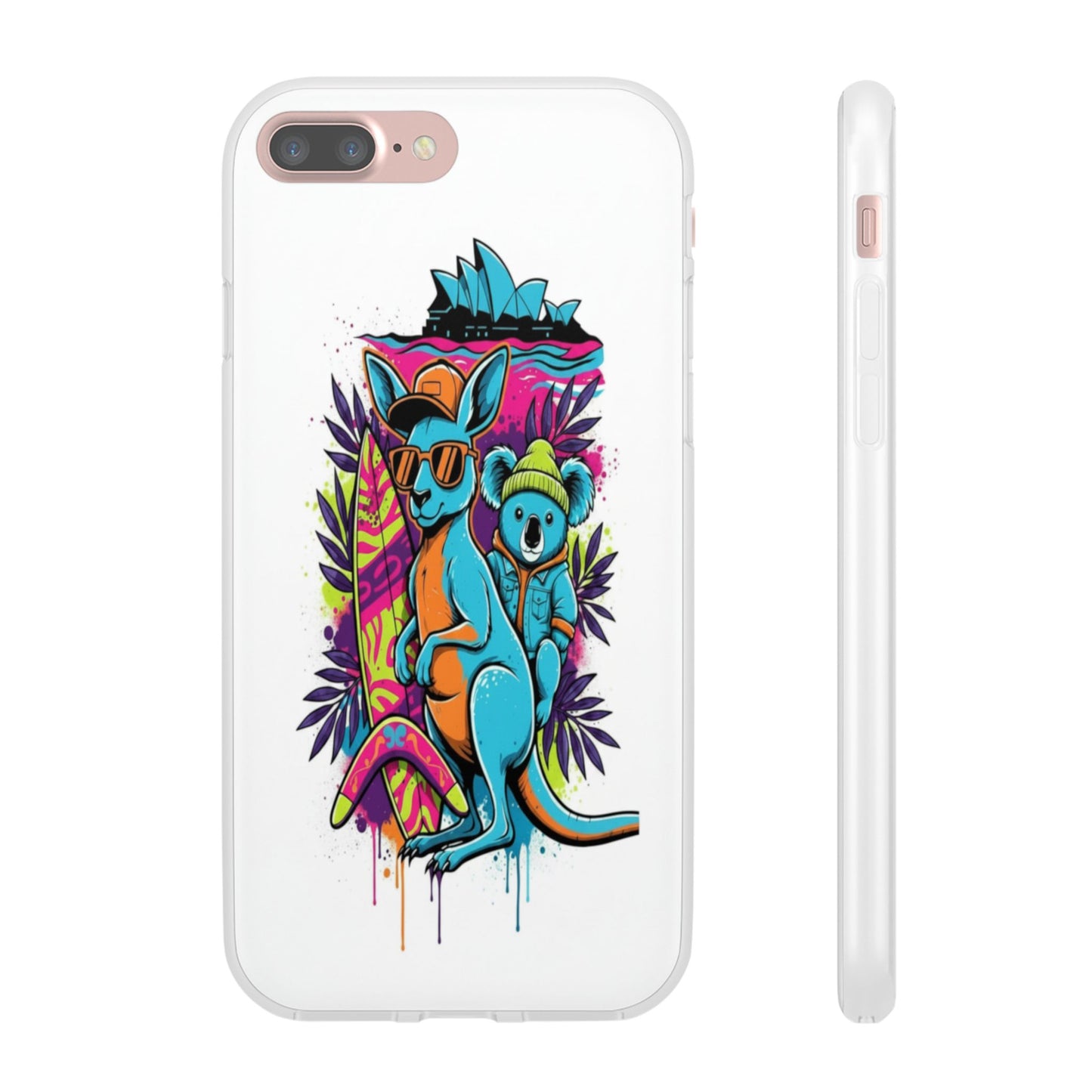 Kangaroo & Koala Surf Phone Case — Neon Aussie Beach Vibes Flexible Case