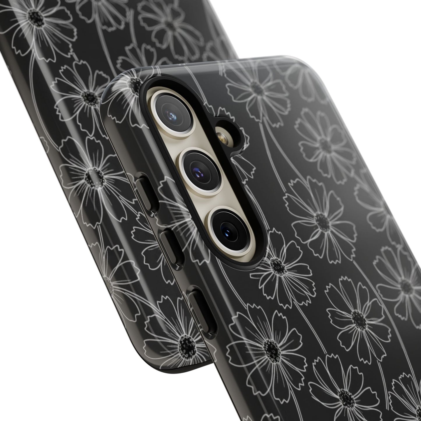 Floral Doodle Tough Phone Case — Black & Gray Daisy Pattern