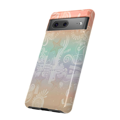 Tough Cases: Pastel Beach Pattern Phone Case — Starfish & Coastal Cityscape Protective Cover