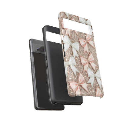 Glitter Bow Tough Phone Case — Pink & White Ribbon Protective Cover