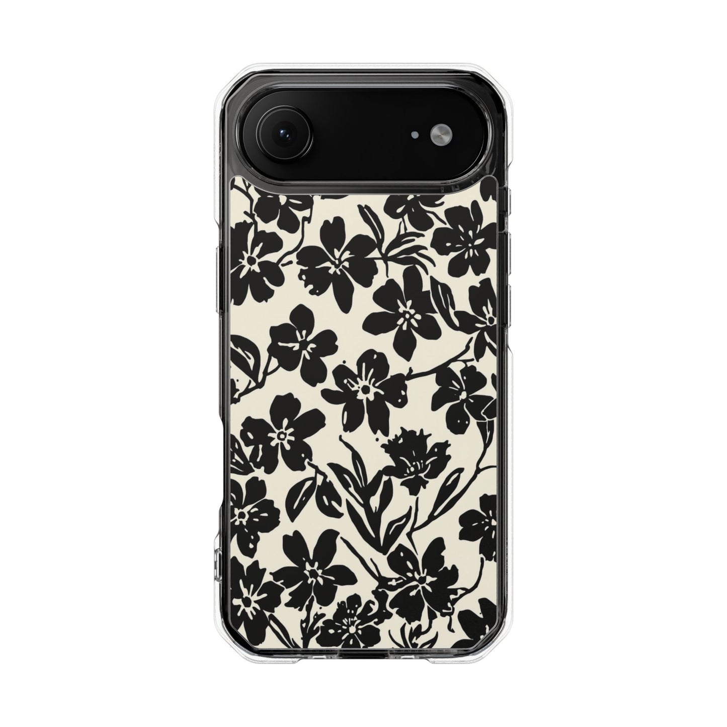 Clear Magnetic Phone Case — Black Floral Silhouette Design