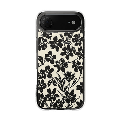 Clear Magnetic Phone Case — Black Floral Silhouette Design