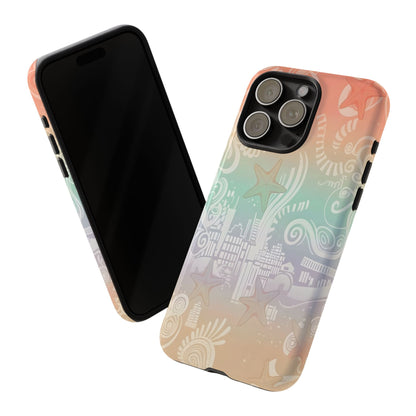 Tough Cases: Pastel Beach Pattern Phone Case — Starfish & Coastal Cityscape Protective Cover