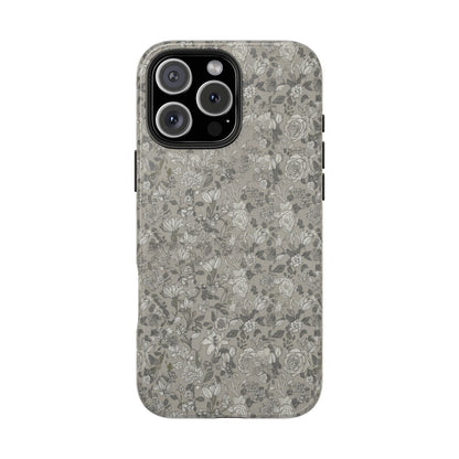 Gray Floral Tough Phone Case — Durable Protective Phone Cover with Vintage Botanical Pattern