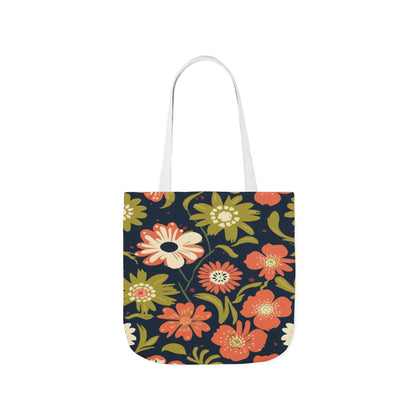 Floral Canvas Tote Bag — Retro Orange & Olive Flower Pattern