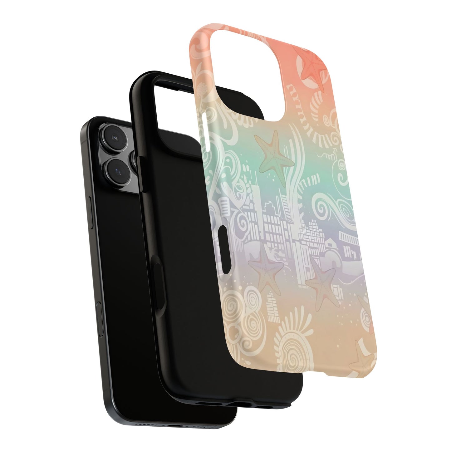 Tough Cases: Pastel Beach Pattern Phone Case — Starfish & Coastal Cityscape Protective Cover