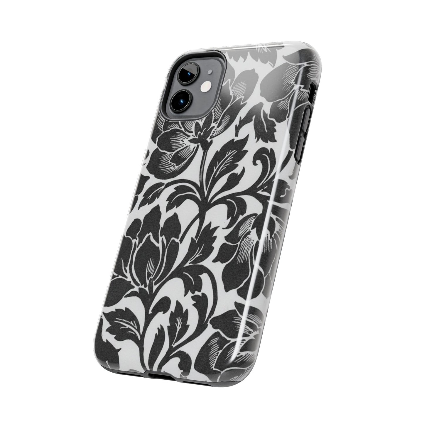 Tough Phone Case — Black & White Vintage Floral Protective Cover