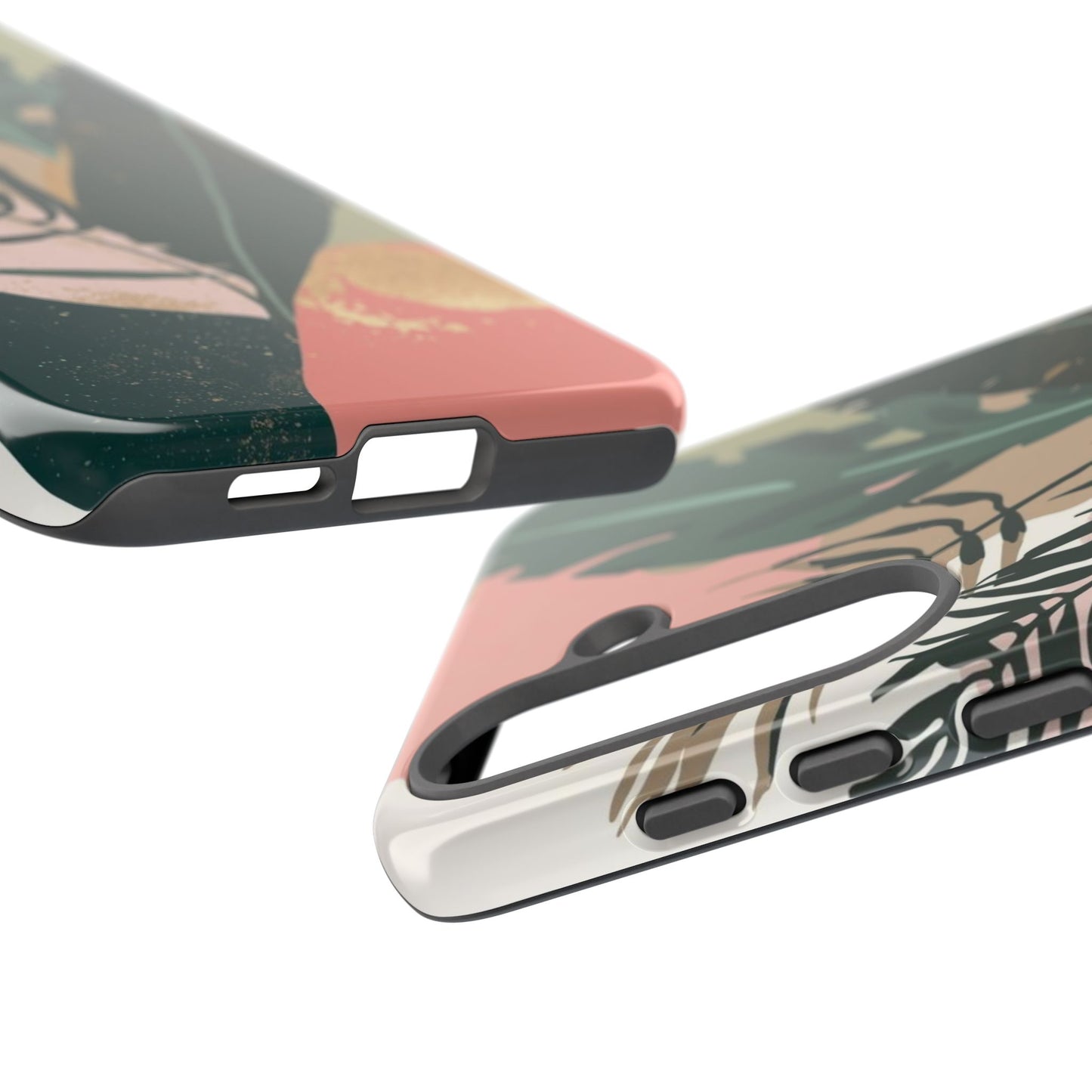 Tropical Leaf Tough Phone Case — Abstract Pink & Green Botanical Protective Cover