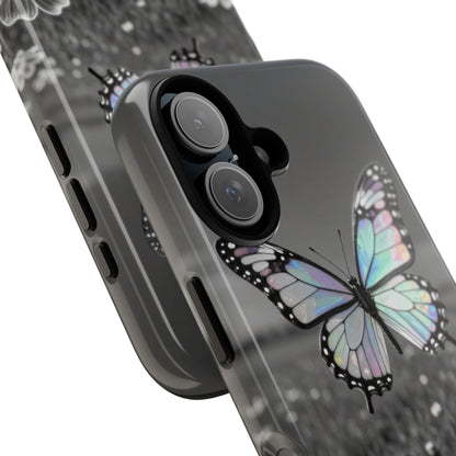 Butterfly Field Tough Phone Case — Pastel Holographic Butterfly on Black & White Floral Background