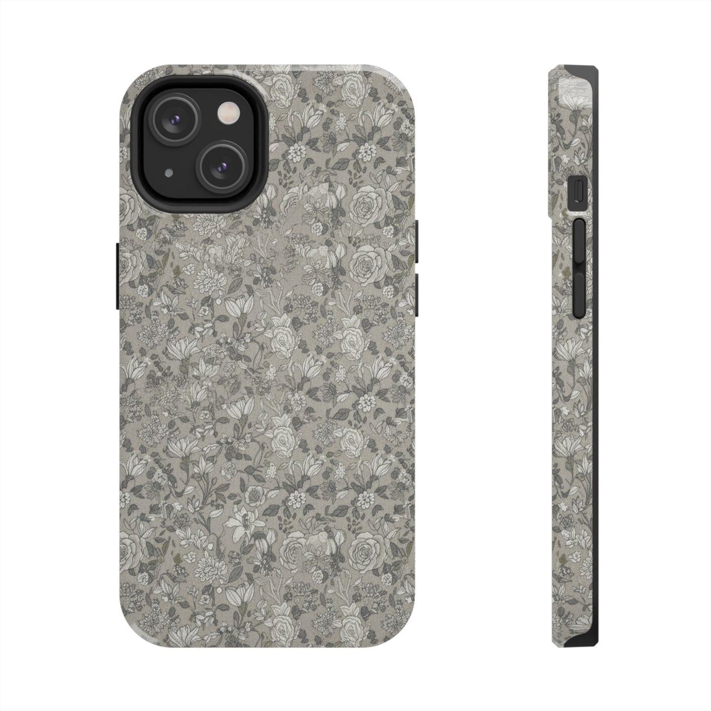 Gray Floral Tough Phone Case — Durable Protective Phone Cover with Vintage Botanical Pattern