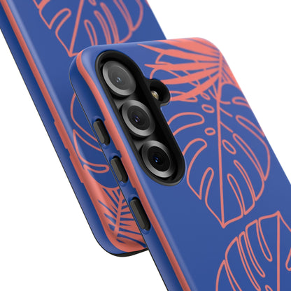 Tropical Monstera Phone Case — Blue & Coral Leaf Protective Cover