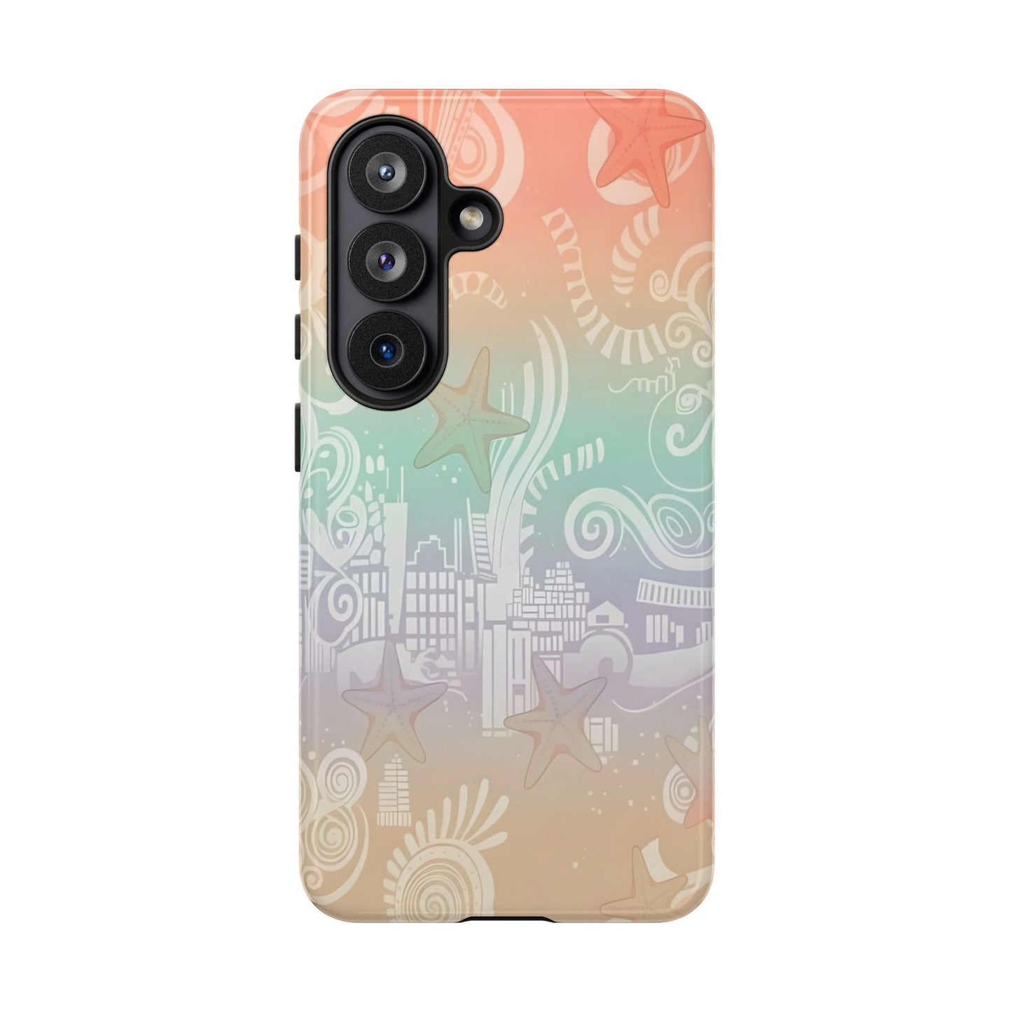 Tough Cases: Pastel Beach Pattern Phone Case — Starfish & Coastal Cityscape Protective Cover