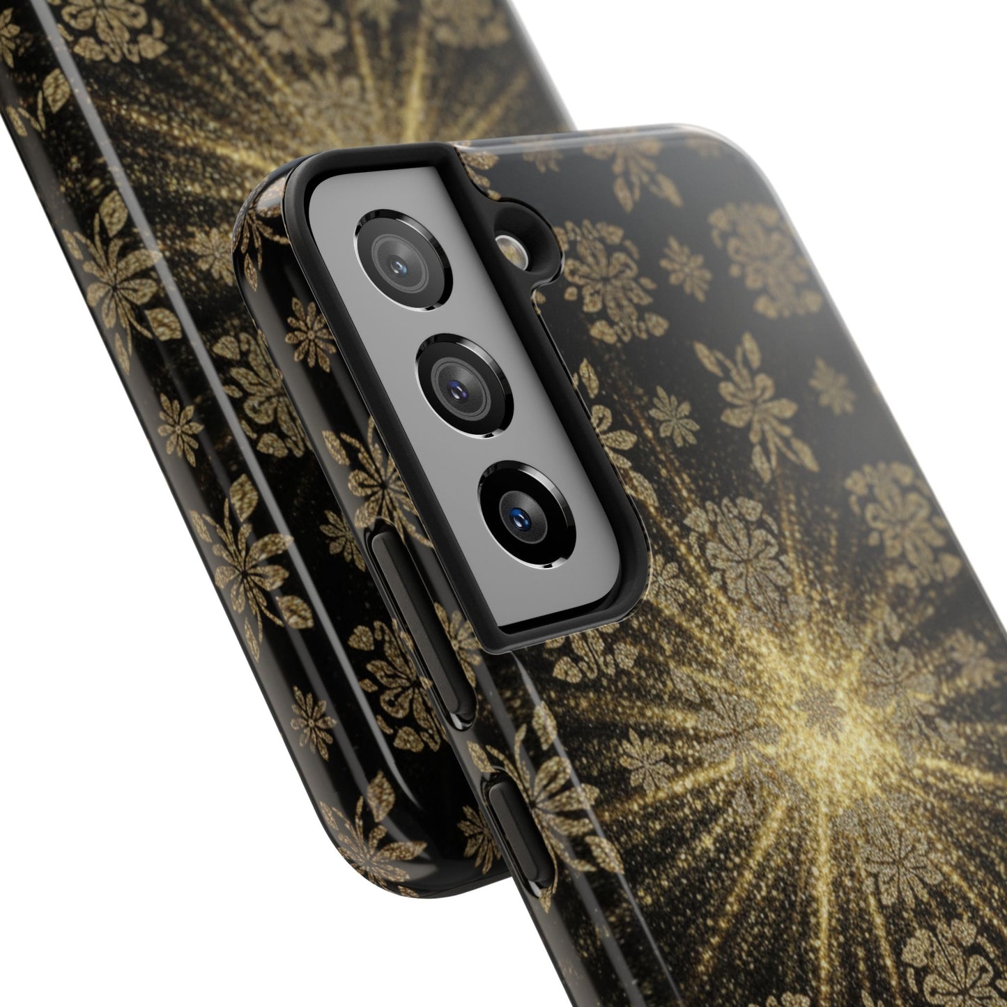 Glitter Burst Tough Phone Case — Black & Gold Floral Protective Cover