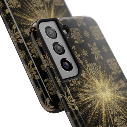 Glitter Burst Tough Phone Case — Black & Gold Floral Protective Cover
