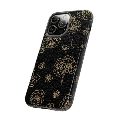 Floral Leather-Texture Tough Case – Black Gold Outline Phone Cover