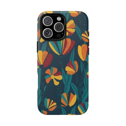 Floral Retro Teal Tough Phone Case — Vibrant Orange & Mustard Blooms
