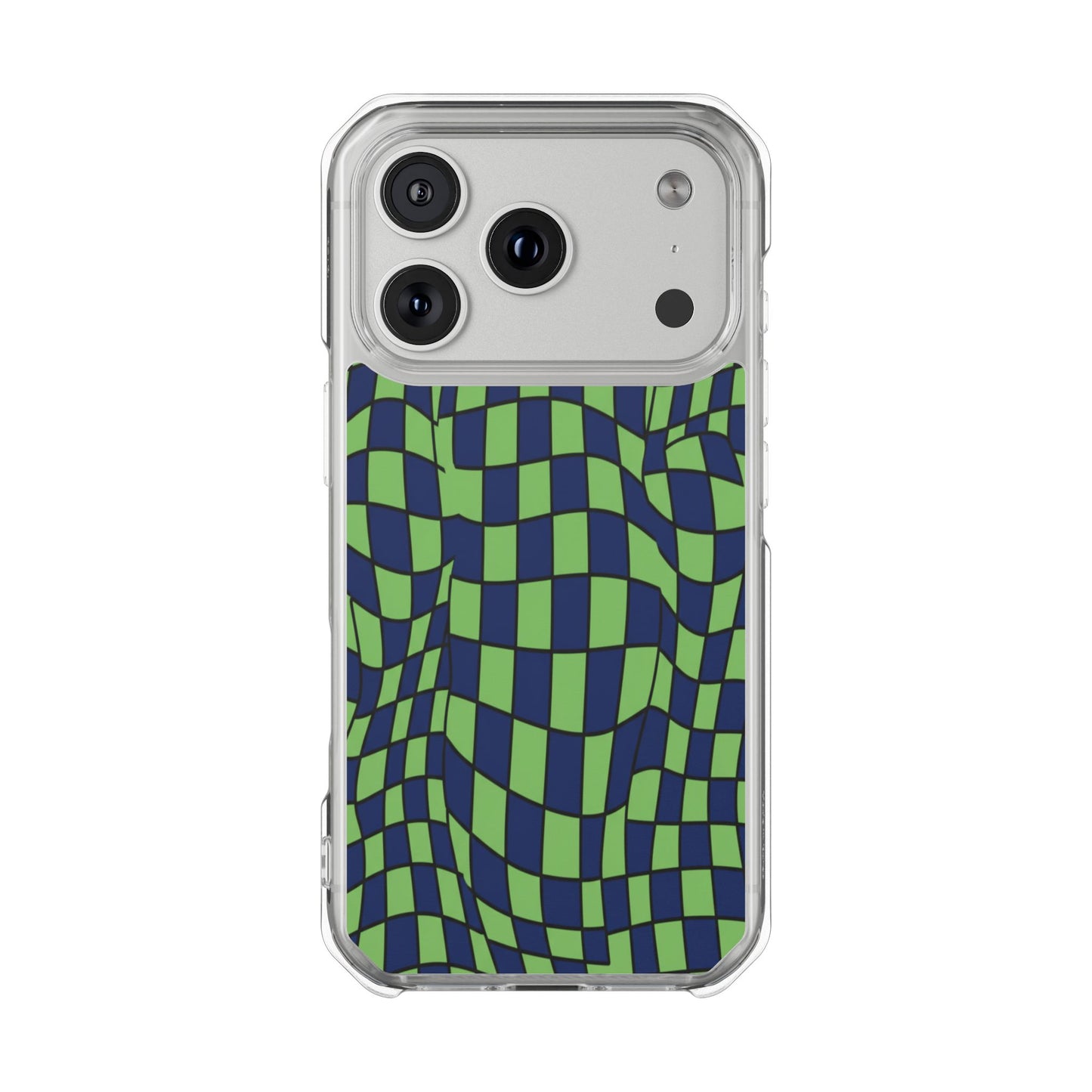 Clear Magnetic Phone Case — Green Distorted Checkerboard Design