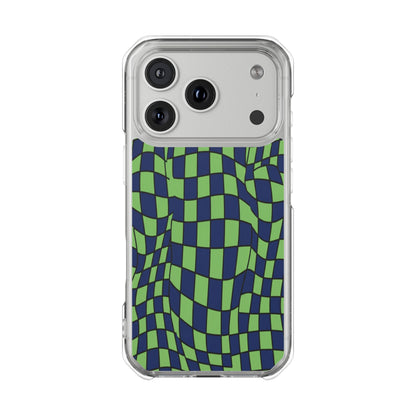 Clear Magnetic Phone Case — Green Distorted Checkerboard Design