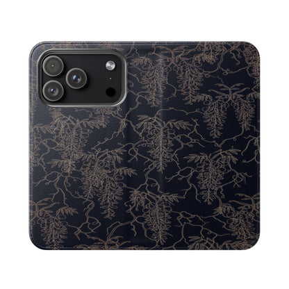 Botanical Noir Flip Phone Case — Dark Floral Wallet Cover with Card Slots