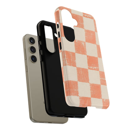 Peach Checkerboard Tough Phone Case — Retro Distressed Grid Design