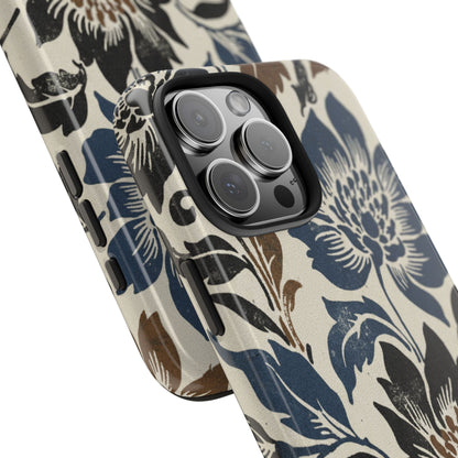 Floral Vintage Tough Phone Case — Blue & Brown Botanical Protection